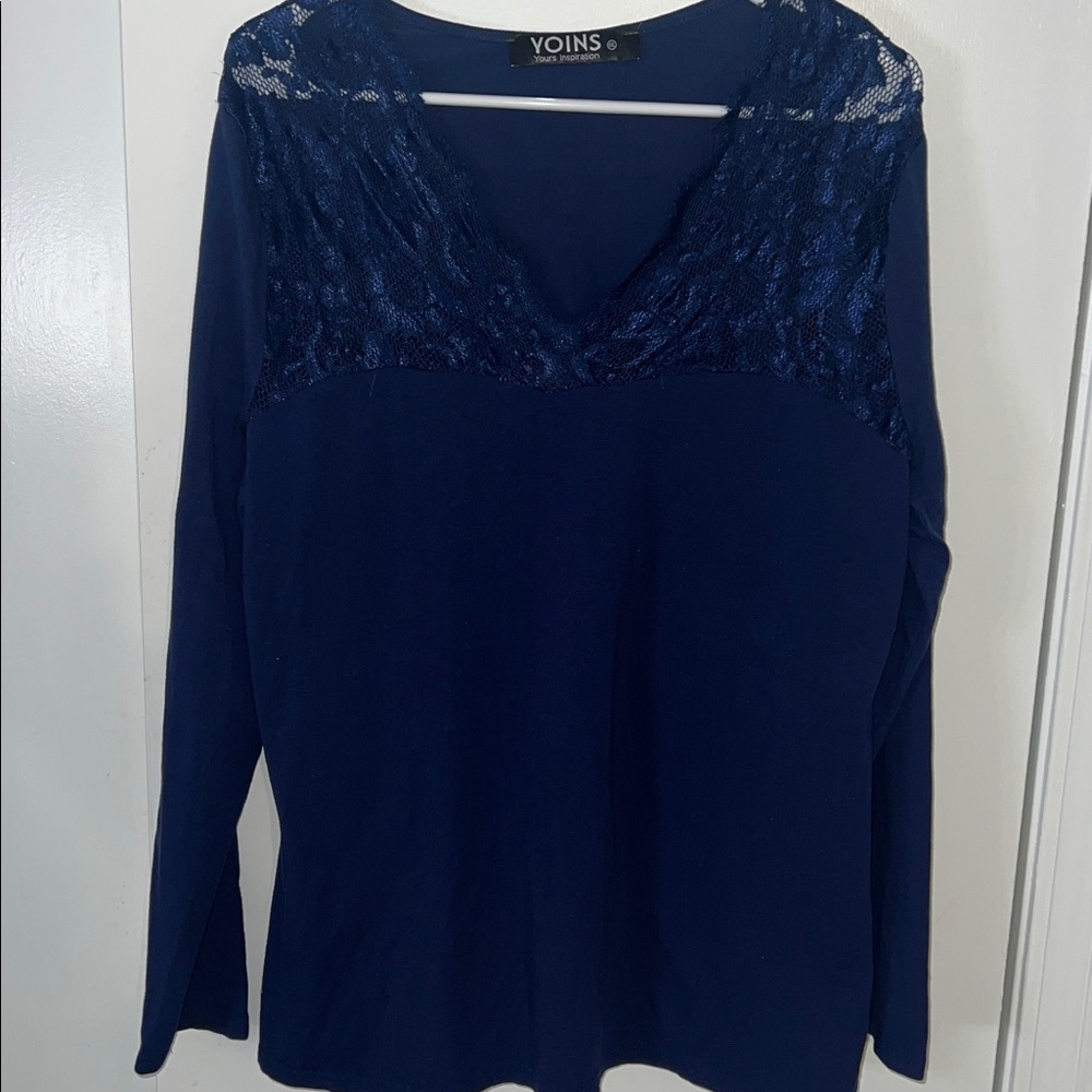 YOINS Deep Blue Lace Long Sleeve Top